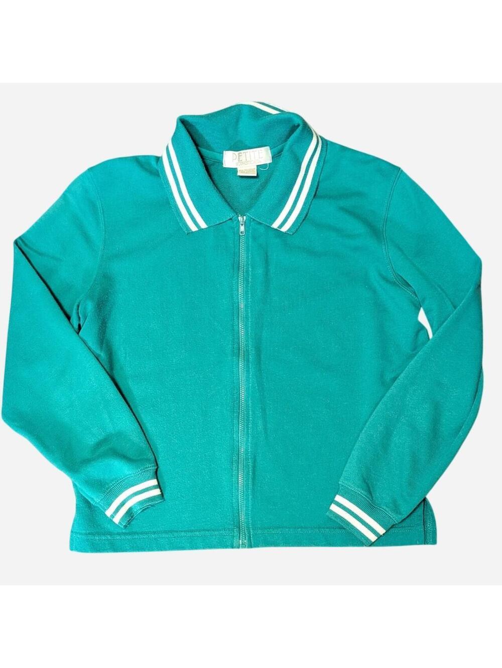Vintage 80s 90s Zip Collar Sweatshirt Teal Varsity Stripe Tenniscore Petite S